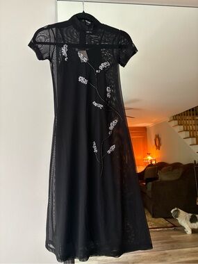 Vintage Black Sheer Midi Dress with Beaded Detail